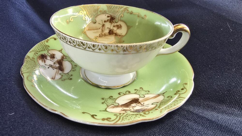 Green Porcelain Cup & Saucer Set Ardalt Verithin Decorative Gold Trim